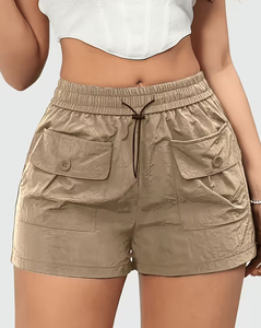 High Waist Drawstring Cargo Shorts Solid Color Elastic Waistband Casual Women's Breathable Polyester Shorts - Product Image 1