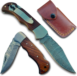 Cuchillo plegable de Damasco con mango de madera, hoja de punta caída, perilla para el pulgar y funda de cuero - Product Image 3