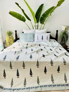 Beautiful Hand-block Printed Cypress Tree Cotton Jaipuri Razai / <b>Quilt</b> Set Reversible Botanical <b>Bedding</b> Set With Pillow Covers - Product Image 3