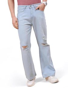 Jeans Azules de Pierna Ancha para Hombre, Lavado Claro, Rotos, 100% Algodón, Corte Holgado, Largos, Cintura Media, Casuales, Ecológicos y Lavables - Product Image 1
