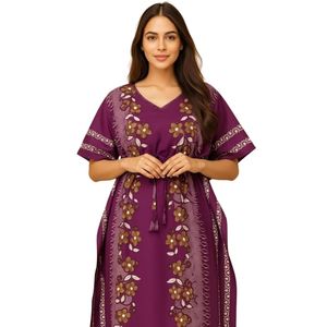 Robe Kaftan pour femmes, imprimé floral, longue chemise de nuit, col en V, taille nouée, vêtements de nuit d'été - Product Image 1