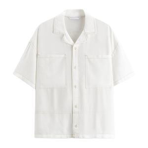 2024 vente en gros personnalisé contraste haut couture poches plaquées col de camp manches courtes viscose lin chemise pour hommes - Product Image 4