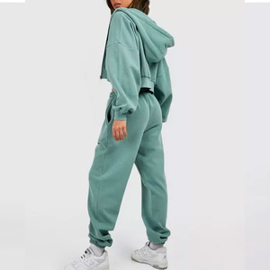 Custom Women Cropped Zip Up Hoodie Sweatpants <b>Set</b> Heavy Weight Vintage 3 Piece Tracksuit Women Hooded <b>Crop</b> <b>Top</b> Jogger <b>Sets</b> - Product Image 3