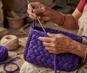 Bolso Étnico Morado Trenzado Hecho a Mano con Perlas y Dos Correas, Bolso de Hombro Boho de Algodón Tejido - Product Image 5