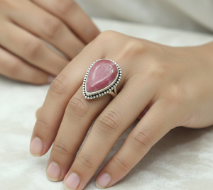 Natural Rhodonite Gemstone 925 Sterling Silver <b>Ring</b> Teardrop Handmade Beaded Frame Rose Gold Yellow Gold Plated Jewelry for Men - Product Image 3
