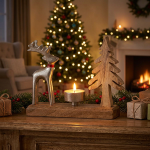 Small Nickel Reindeer Sculpture Tealight Candle Holder Metal Wood <b>Christmas</b> Decoration Indoor Home <b>Decor</b> Factory Gift Idea - Product Image 1