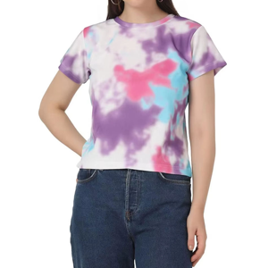 T-shirt court tie-dye pour femme, manches courtes, col rond, coupe classique, en coton tricoté, décontracté, printemps-été - Product Image 1