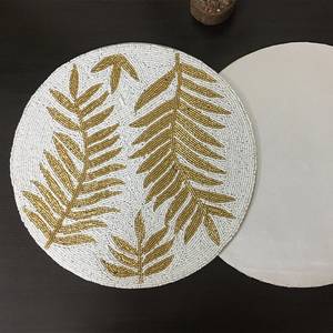 Eco-Friendly Handmade <b>Round</b> Embroidered Place Mat with Gold Fern Pattern Bohemian Style <b>Cloth</b> <b>Table</b> Mat for Home Decor - Product Image 1