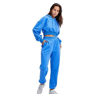 <b>Women's</b> Blue Fleece Hooded Crop Top & Jogger Set Casual Loose Fit All Seasons Sportswear Two <b>Piece</b> <b>Outfit</b> Solid Color - Product Image 1