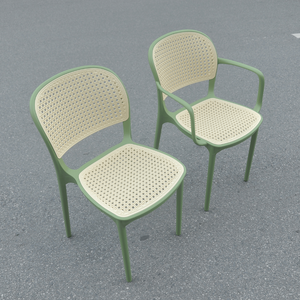 Chaise de bistrot moderne en faux rotin couleur menthe pastel |   Fauteuil en mousse écologique empilable léger résistant aux intempéries en polypropylène à dossier arrondi - Product Image 4