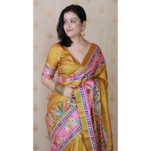 Sari en soie Tussar dorée Elite Weaves à imprimé floral avec bordure tissée Zari 500g pour robes de cocktail - Product Image 3