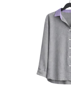 Ensemble deux pièces pour femme : chemise grise et pantalon large gris, tenue décontractée en coton et lin pour l'été, fabricant de vêtements sur mesure OEM - Product Image 3
