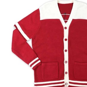 Cárdigan de punto con bloques de color rojo y blanco para mujer, estilo béisbol vintage, manga larga, con botones y bolsillos rojos, cárdigans para mujer - Product Image 2
