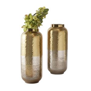 Juego de 2 jarrones decorativos clásicos de hierro dorado, jarrones cilíndricos de metal martillado vintage para decoración del hogar, sala de estar y bodas - Product Image 6