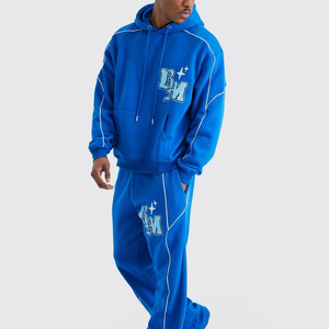 Conjunto de Sudadera con Capucha Azul Marino para Hombre, Corte Holgado, Forro Polar, Estampado de Letras, Chándal Informal con Bolsillo, Ropa de Otoño - Product Image 1