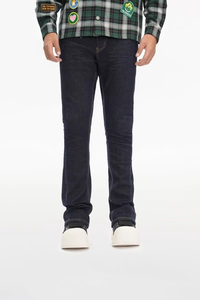 Jean en denim pour homme de haute qualité en coton, marque américaine Highstreet, confortable, taille mi-haute, coupe évasée, avec surpiqûres robustes, délavage noir - Product Image 1