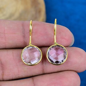 Natural Pink Amethyst Round Shape Gemstone Dangle Hook Earring 18k Gold Plated Over 925 <b>Sterling</b> <b>Silver</b> Finish - Product Image 2