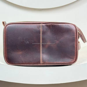 Bolsa de maquillaje de viaje de cuero genuino de grano completo para hombre con doble cremallera personalizada, neceser Vintage para hombre, Kit Dopp colgante - Product Image 5