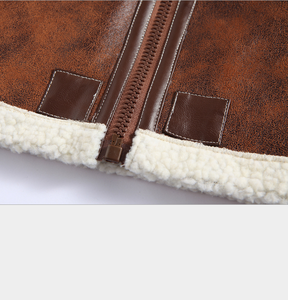 <b>Men's</b> Brown Leather <b>Jacket</b> With <b>Shearling</b> Lining Full Sleeve Winter Windproof Motorcycle Style - Product Image 3