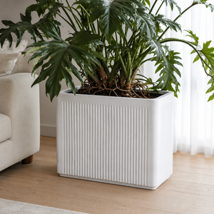Jardinera Rectangular Moderna Blanca de Fibra de Vidrio con Nervaduras Hieta Garden, 90x40x60cm, para Exteriores, Patio, Maceta - Product Image 2