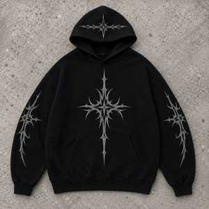 Sweat à capuche décontracté en molleton de coton pour homme avec motif géométrique, poche avant, finition délavée à l'acide, coupe classique - Product Image 1