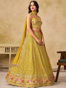 Custom <b>Women</b> Indian Traditional Haldi Wear Georgette Flared <b>Lehenga</b> Choli Heavy Resham Sequins Work Sleeveless Blouse Ready - Product Image 4