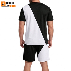 T-shirt en coton avec logo personnalisé et short en polyester bicolore, ensemble homme été 2 pièces de haute qualité, style streetwear décontracté - Product Image 2
