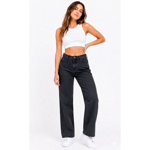 Pantalon baggy en jean pour femme, taille mi-haute, style boyfriend, avec tissu tissé durable et poches fonctionnelles à l'avant et à l'arrière - Product Image 4