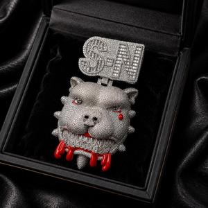 Ensemble collier et pendentif en moissanite plaqué rhodium or rose, style hip-hop pour homme, avec lettre SN et breloque tête de Pitbull - Product Image 2