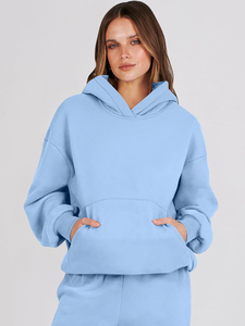 Conjunto Deportivo para Mujer, Sudadera con Capucha Azul Claro, Pantalones Deportivos, Corte Holgado Informal, Manga Larga, Color Sólido, Transpirable, de Algodón, para Otoño - Product Image 6