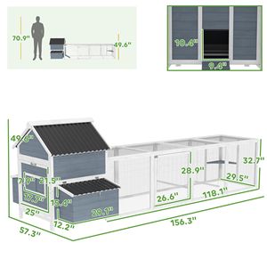 Pollaio in Legno Grigio Chiaro Extra Large da 156 Pollici con 2 Nidi, Tetto Ondulato e Recinto per 10-15 Galline, Impermeabile - Product Image 3