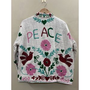 Floral Embroidered Cotton Winter <b>Jacket</b> Women Mandarin Collar Full Sleeve Open Front Handmade Design - Product Image 5