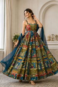 Vestido de organza de seda con estampado digital de diseñador, acolchado, con conjunto de dupatta con encaje de georgette. - Product Image 4