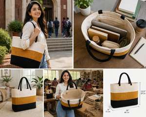 Bolsa de Compras de Yute Premium Tricolor Mostaza, Blanca y Negra con Asas Negras |   Cierre Abierto Elegante y Ecológico para Uso Diario - Product Image 5