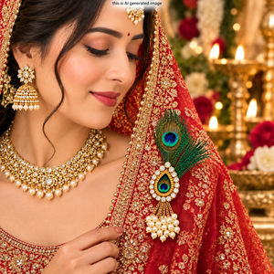 Broche en plumes de paon avec pompon en perles |   Broche décorative pour sari, dupatta, chemisier, tenue de mariage et de fête - Product Image 4
