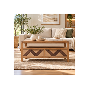 Mesa de centro de madera de roble premium de la colección SOHO con estantes abiertos y diseño de cajones en espiga para muebles de sala de estar - Product Image 1