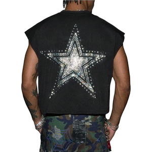 <b>Men's</b> Sleeveless <b>Crop</b> Tank <b>Top</b> With Rhinestone Star Design O-Neck Street Style Jersey Vest Regular Fit Geometric Pattern - Product Image 1