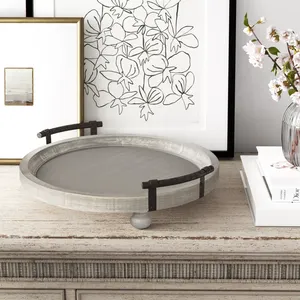 Round Metal Serving Tray with <b>Black</b> Handle and Ball Feet Minimalist Design Flat <b>Plate</b> Durable Solid Color - Product Image 5