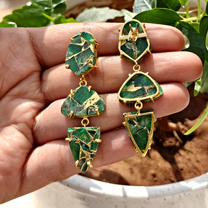 Green copper mohave turquoise 3 tier dangling <b>earrings</b> with push <b>back</b> closure handmade prong setting ear jewelry for wholesale - Product Image 4