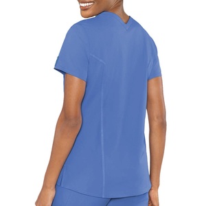 Blusa Sanitaria Azul de Cuello en V para Mujer, de Poliéster y Spandex, Manga Corta con Bolsillos Delanteros, Detección de Agujas, Uniforme Hospitalario - Product Image 6