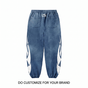 Premium 320 GSM Cotton Polyester Fleece <b>Jogger</b> Pant Washed Blue <b>White</b> Side Panel Custom Logo OEM ODM - Product Image 2