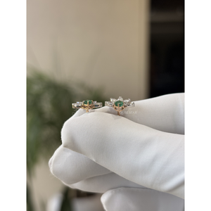 Pendientes de Lujo con Diamantes Cultivados en Laboratorio de 0.75 Ct, Corte Marquesa, Diseño Floral, Acento de Gema Verde, Oro de 14K, Joyería Fina, Regalo para Bodas y Fiestas - Product Image 2