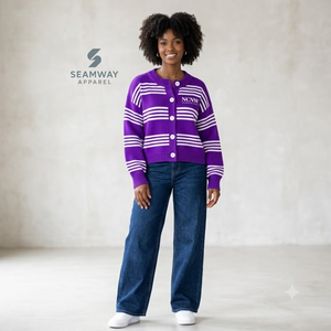 NCNW Sorority Women's Striped Knit <b>Cardigan</b> Button Down Long Sleeve Crew Neck <b>Purple</b> White Embroidered Casual Sweater - Product Image 5