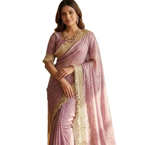 Sari en mousseline de soie pour femme avec bordure brodée, tissu léger et fluide pour mariage, cérémonie ou tenue traditionnelle - Product Image 1