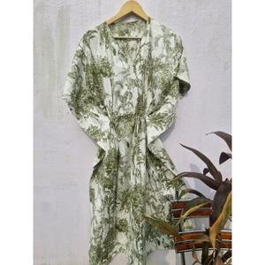 Women Green Tropical Print Cotton <b>Kaftan</b> <b>Summer</b> Dress Boho Maxi Midi Beach Dress Loose Fit Resort Wear Holiday Dress - Product Image 1