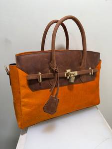 Sac fourre-tout RABADA pour femme en cuir de vachette orange à poils, avec garniture en cuir véritable marron, bandoulière amovible, idéal pour mariage, grande taille - Product Image 6