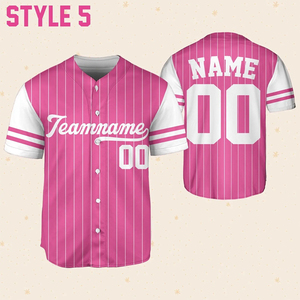 Maillot de baseball personnalisé blanc avec passepoil rose, rayures, uni, boutonné, uniforme d'équipe, pour hommes et femmes, texte et nom personnalisés - Product Image 5