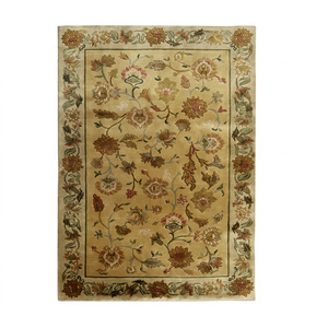 Tapis floral multicolore en laine doré antique, tapis de zone à bordure botanique moderne, antidérapant, écologique, tufté à la main pour salon - Product Image 1