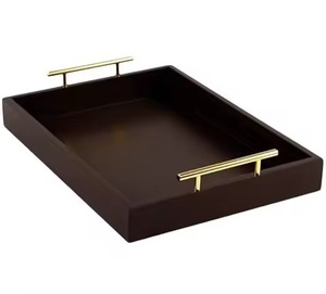 Plateau de service rectangulaire en bois de qualité supérieure avec poignées en laiton, design minimaliste, durable, type plateau solide pour le service des aliments - Product Image 1