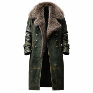 Manteau trench vintage en cuir véritable avec garniture en fourrure, double boutonnage, long, pour femme, imperméable et respirant - Product Image 1